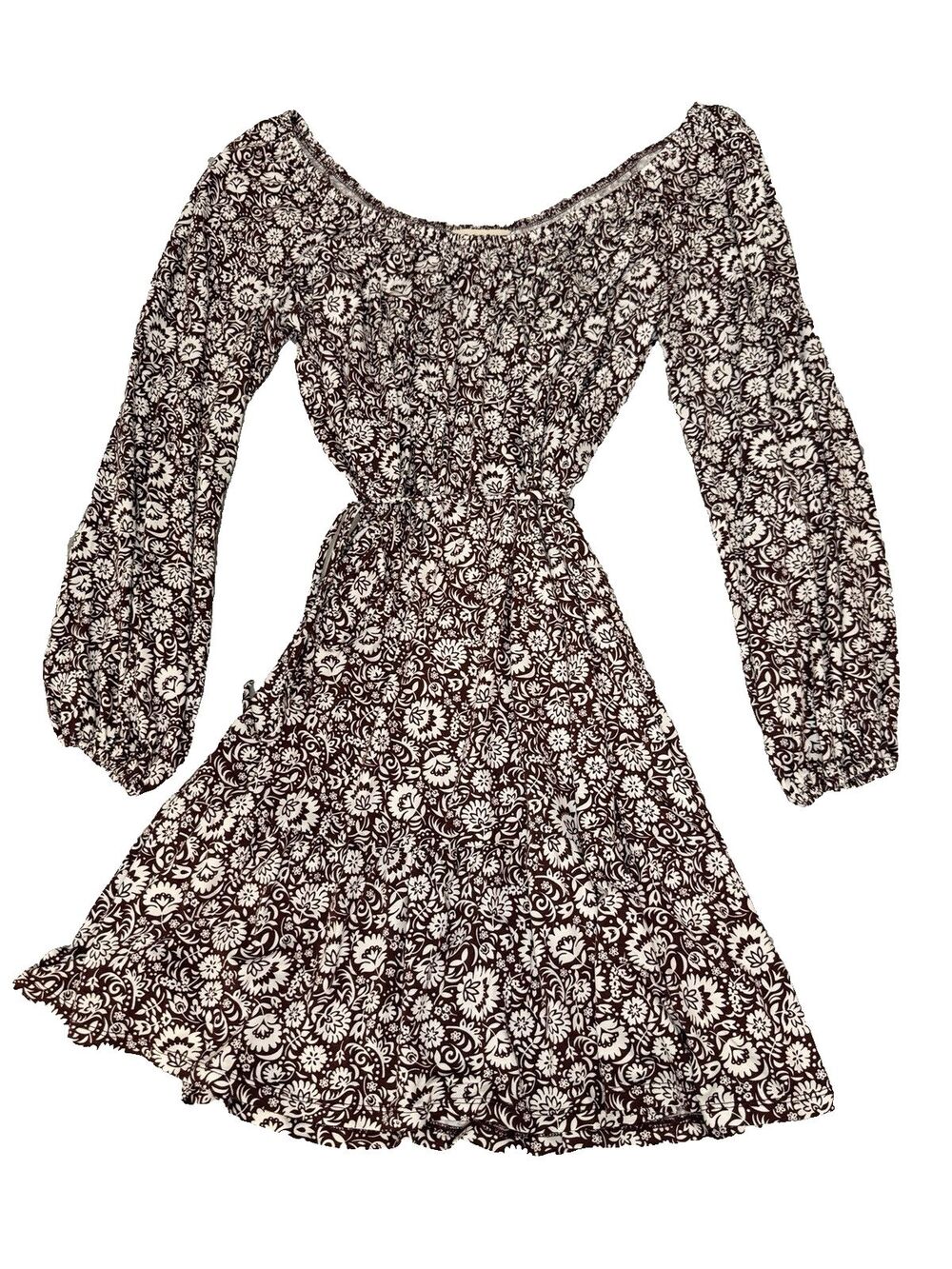 Boden Burgundy Floral Short Dress 12 Long Sleeve Scoop Neck Ecovero Tie Waist